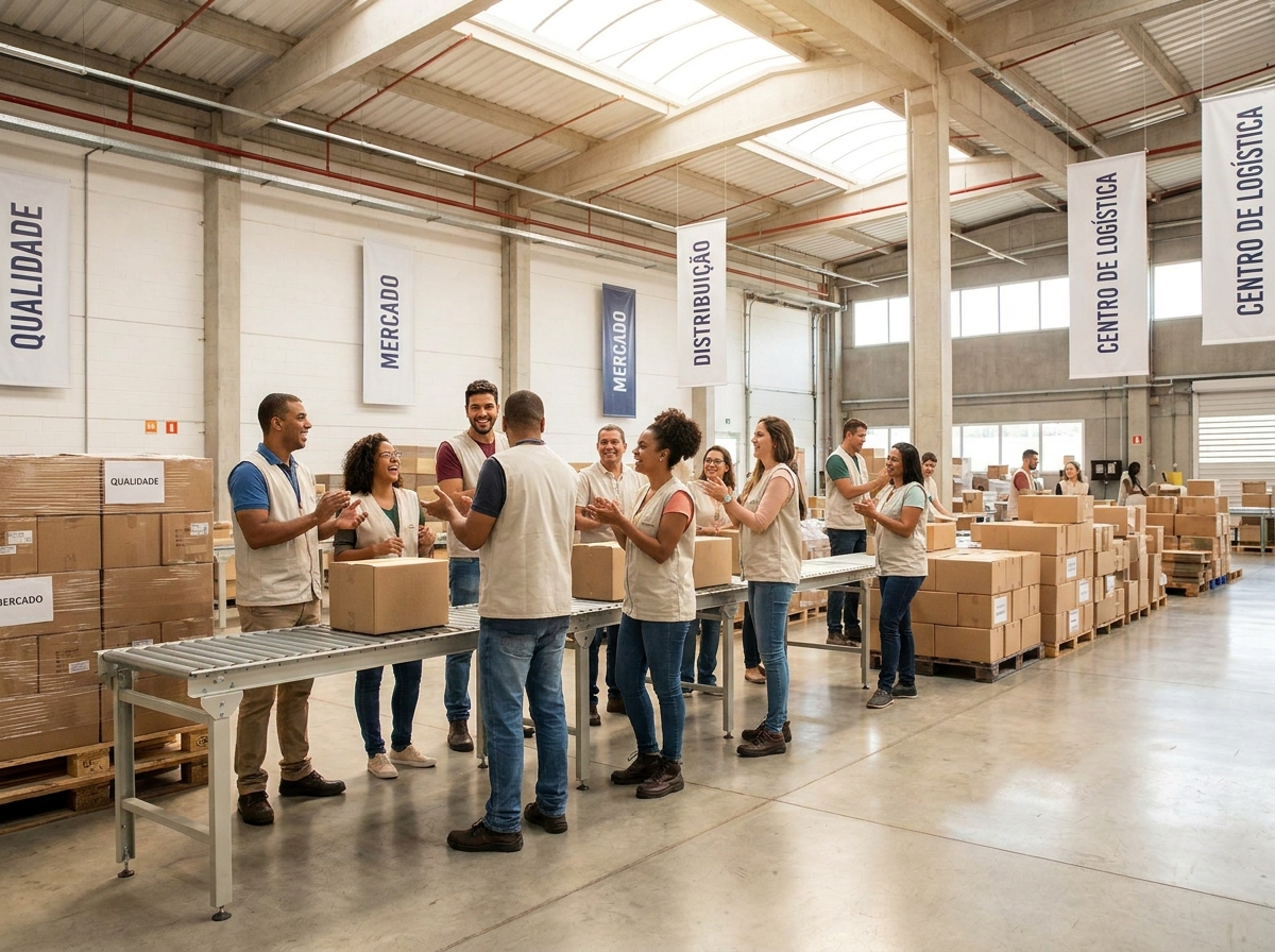 Equipe da Sinais Distribuidora reunida e sorrindo no centro de logística, entre esteiras e caixas de produtos.